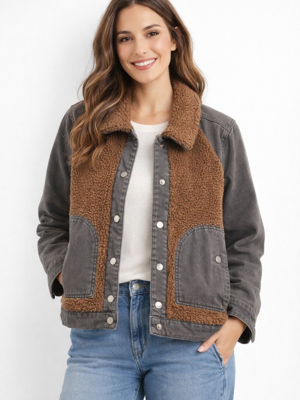 Vigoss Denim Sherpa Crop Jacket – Brown & Charcoal, 100% Cotton, Size XL